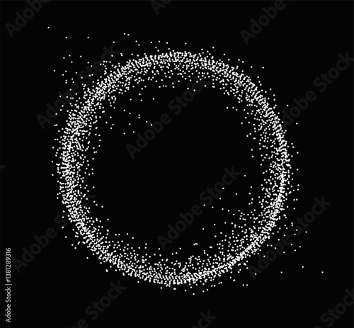 White scattered dots forming an abstract circular shape, minimal graphic style, on a black background. Concept of motion, energy, or data flow. Vector illustration