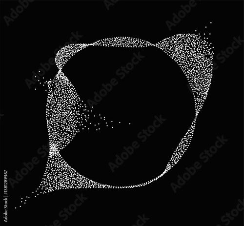 Abstract shape made of dynamic white particles forming a swirling circular motion against a black background. Concept of motion, energy, and technology. Vector illustration