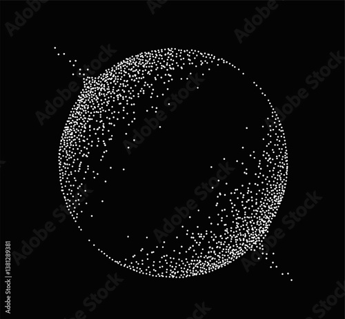Abstract sphere composed of scattered white particles forming a circular shape on black background, representing futuristic digital or space concept. Vector illustration