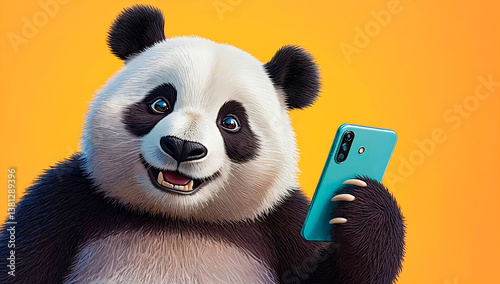 Funny smiling happy panda holding mobile blue phone.