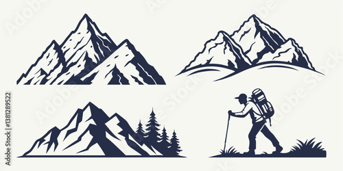 Transparent PNG available
Black silhouette of mountains and fir trees camping adventure wildlife landscape panorama illustration icon vector for logo, isolated on white background.
