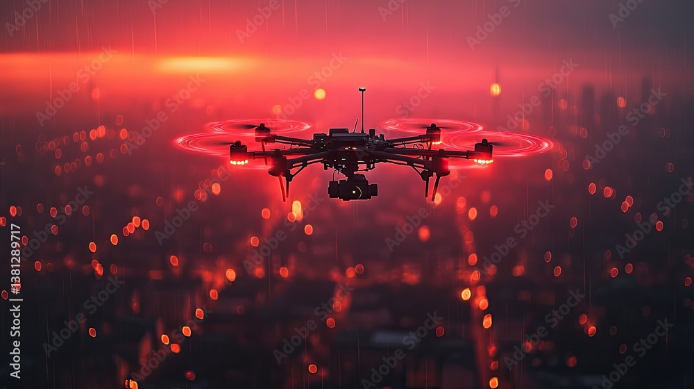 A drone is flying over a cityscape in the evening A drone is flying over a cityscape in the evening