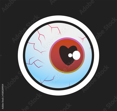 Cartoon-style eyeball with red veins, red iris, and heart-shaped pupil on black background, symbolizing love or infatuation. Vector illustration