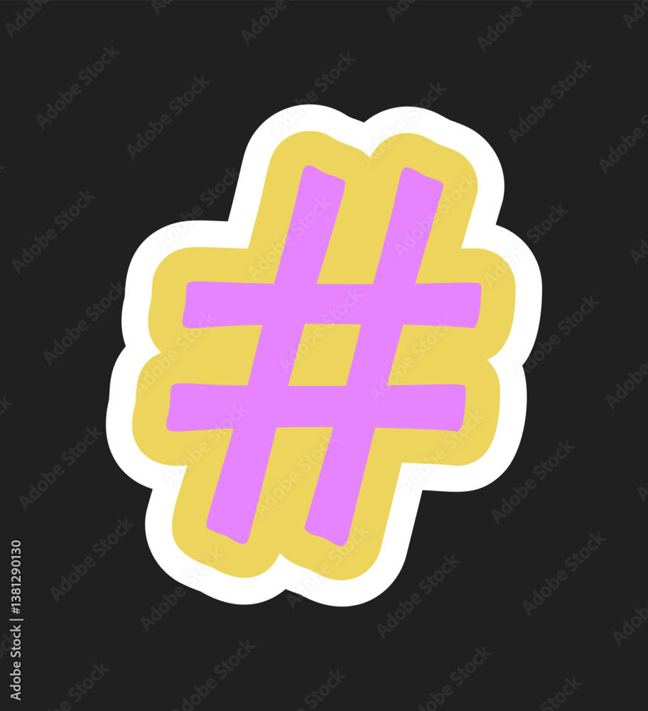 Obraz premium Bright purple hashtag symbol over a yellow shape with white outline, bold cartoon style on dark background. Concept of social media, communication. Vector illustration