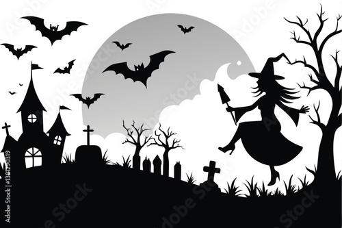 Halloween Witch Silhouette with Bats, Spooky Castle, and Full Moon in Night