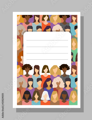 Cover design showing a diverse group of faceless people in colorful clothing, flat style on a grey background. Concept of diversity and community. Vector illustration