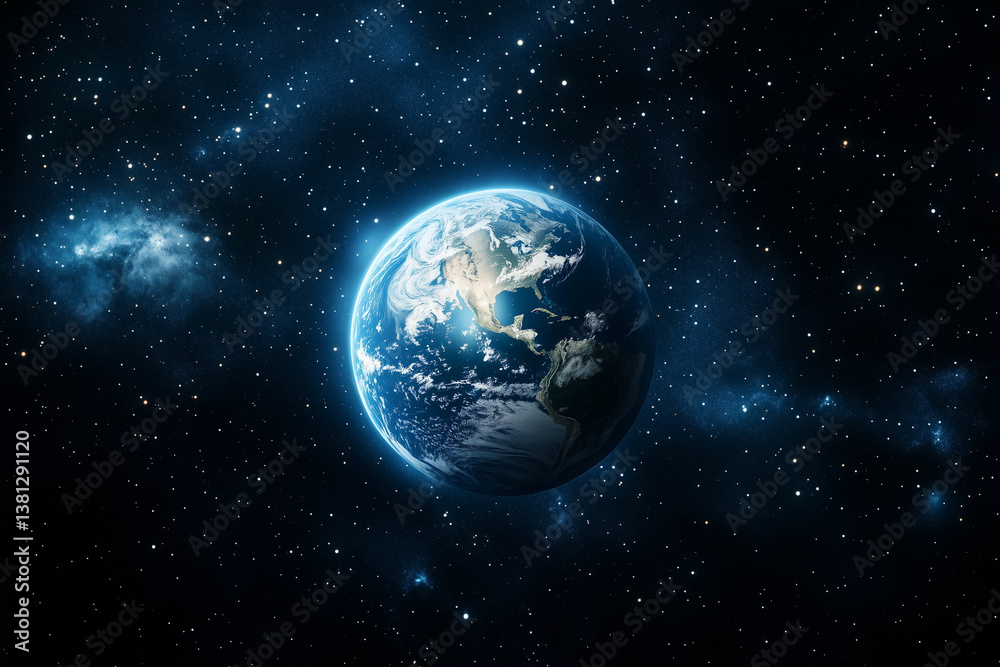 blue and white planet in the middle of a dark sky. The planet is surrounded by a lot of stars