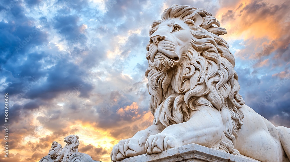 Fototapeta premium Majestic lion statue against dramatic sky (1)