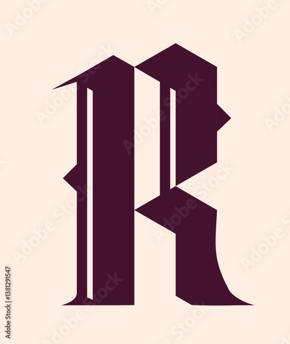 Stylized gothic letter R in dark maroon with sharp geometric edges, flat graphic style on a beige background. Concept of typography and vintage design. Vector illustration