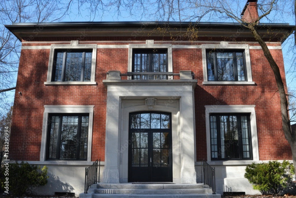 Historic brick house with large windows and elegant architecture located in a peaceful neighborhood surrounded by trees on a sunny day in early spring Historic brick house with large windows and elegant architecture located in a peaceful neighborhood surrounded by trees on a sunny day in early spring