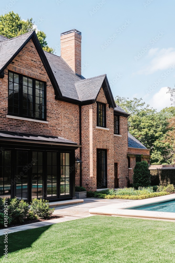 Beautiful brick house with large windows and a swimming pool, surrounded by a well-manicured lawn in a serene setting on a sunny day Beautiful brick house with large windows and a swimming pool, surrounded by a well-manicured lawn in a serene setting on a sunny day