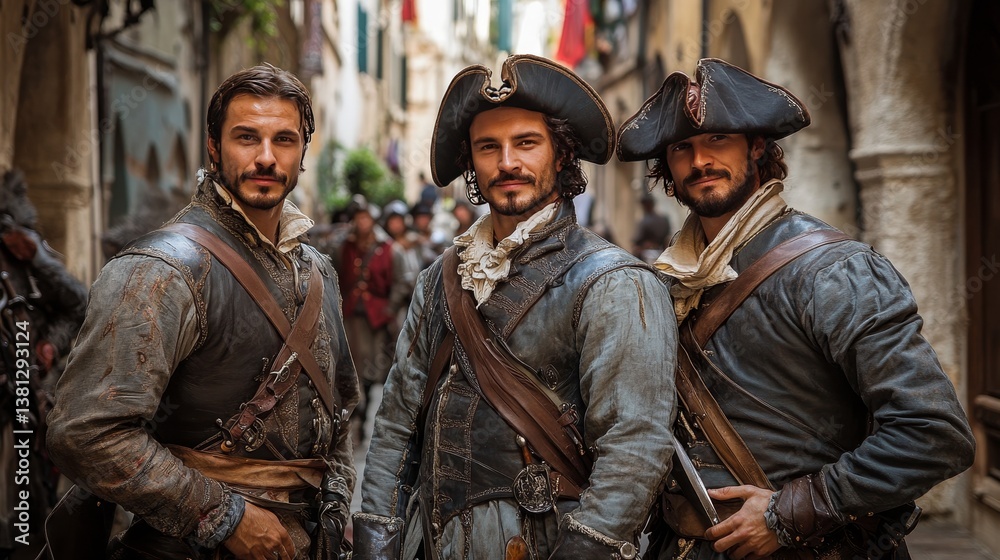 Obraz premium Musketeers posing in alley during carnival celebration