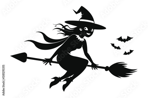 Silhouette Cartoon Witch Flying on Broom with Bats Halloween on White Background