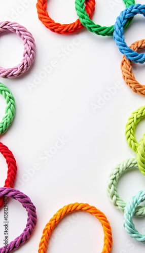 Colorful friendship bracelets arranged in playful patterns, creativity