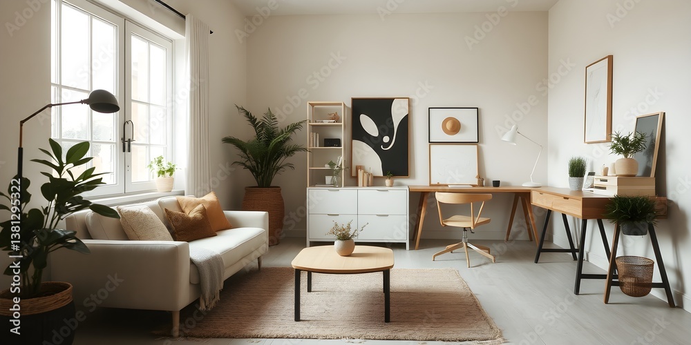 Minimalist Scandinavian home office with natural light, sleek furniture, and cozy textures. A serene and functional workspace with clean lines and modern decor Minimalist Scandinavian home office with natural light, sleek furniture, and cozy textures. A serene and functional workspace with clean lines and modern decor