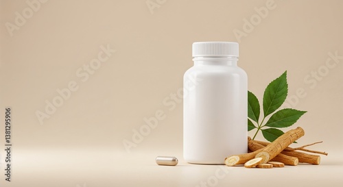 Ginseng supplement bottle mockup with roots and leaves on beige background  