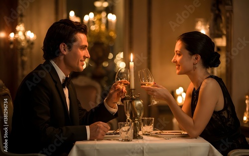 Couple having candlelit dinner in fancy restaurant, romantic atmosphere