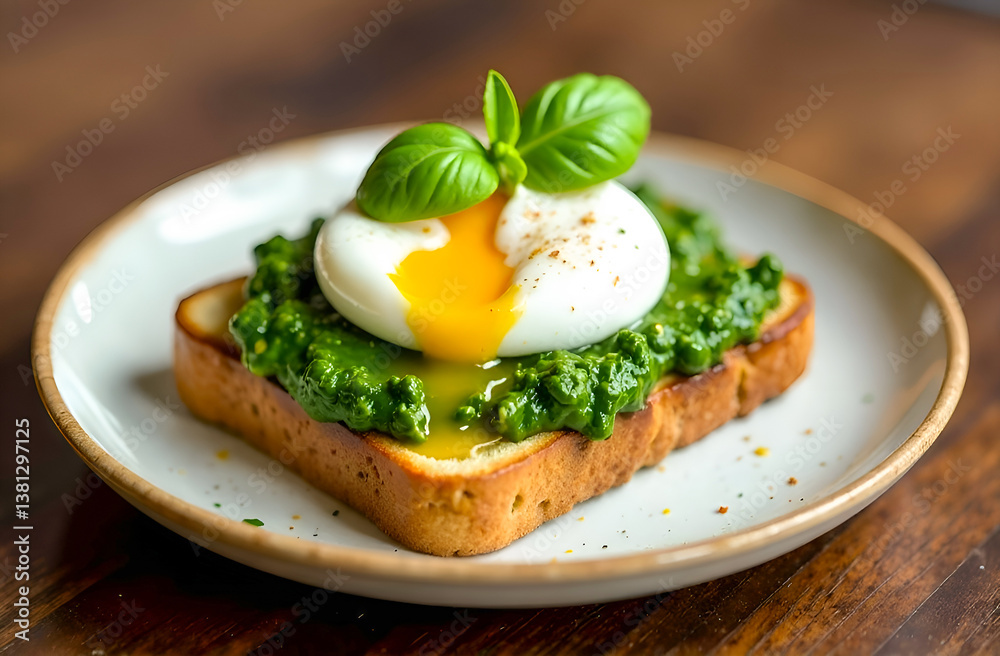 Toast with spinach pesto and poached egg, basil leaf on top of ceramic plate on wooden table Toast with spinach pesto and poached egg, basil leaf on top of ceramic plate on wooden table