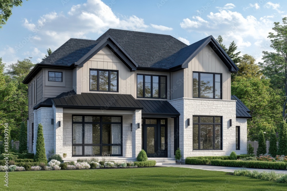 Modern two-story house featuring a stylish blend of materials, large windows, and a picturesque landscape during daylight Modern two-story house featuring a stylish blend of materials, large windows, and a picturesque landscape during daylight