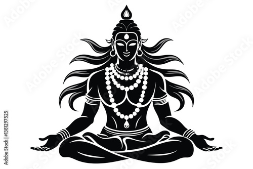 Illustrative Silhouette of God Shiva in Meditation Pose with Hair and Ornaments on White