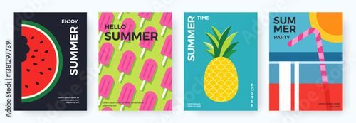 Colorful set of summer backgrounds with watermelon, cocktail, pineapple, ice cream. Abstract vacation, weekend and summer time concept. Minimal design for cover, poster, card, banner, flyer, brochure