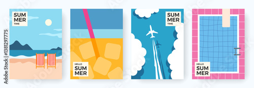 Colorful set of summer backgrounds with beach, ocean, sea, cocktail, airplane, pool. Abstract vacation, weekend and summer time concept. Minimal design for cover, poster, card, banner, flyer, brochure