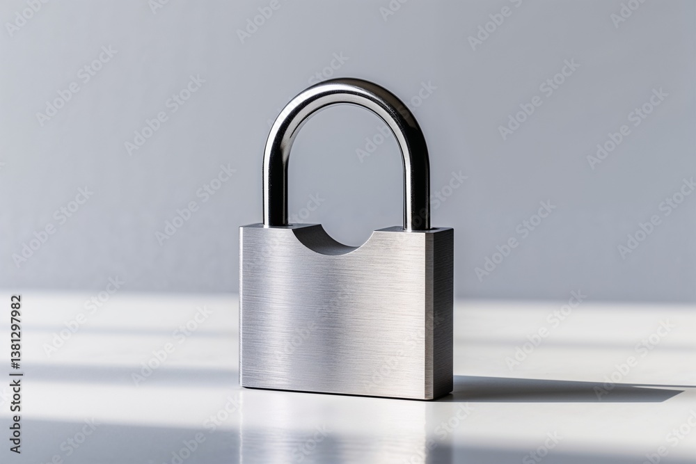 Naklejka premium Shiny Silver Padlock Standing Upright on Glossy Surface