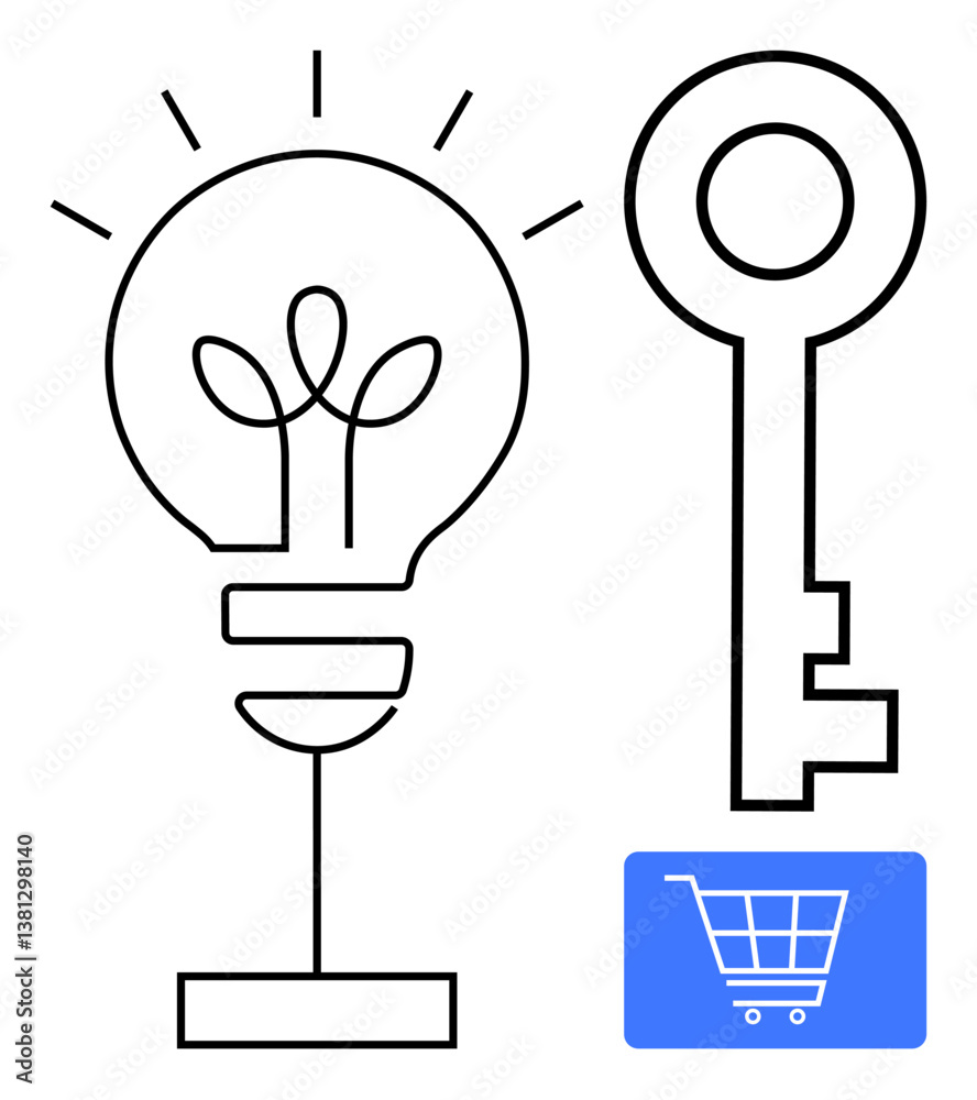 Lightbulb with sprout inside, key connected to digital shopping cart. Ideal for innovation, business strategy, online shopping, ideas, unlocking potential, sustainability e-commerce. Flat simple Lightbulb with sprout inside, key connected to digital shopping cart. Ideal for innovation, business strategy, online shopping, ideas, unlocking potential, sustainability e-commerce. Flat simple