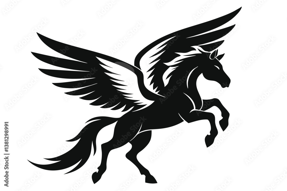 Fototapeta premium Pegasus Silhouette, Winged Horse in Flight, Mythical Creature, Leaping, 
