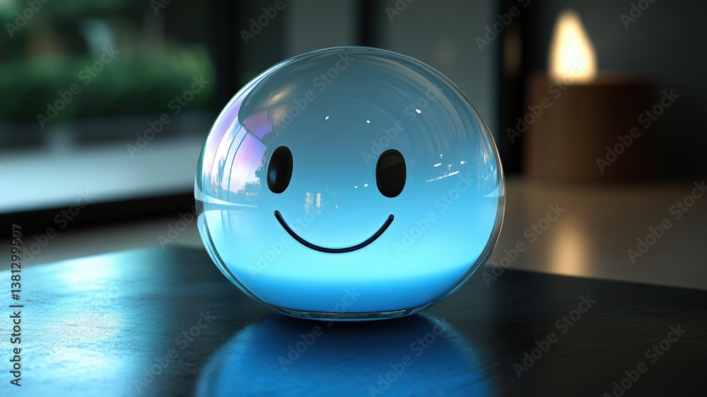 Glowing Smiley Face Sphere Lamp with Blue Light on Wooden Table in Modern Interior