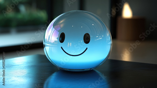 Obraz na płótnie Glowing Smiley Face Sphere Lamp with Blue Light on Wooden Table in Modern Interior w salonie