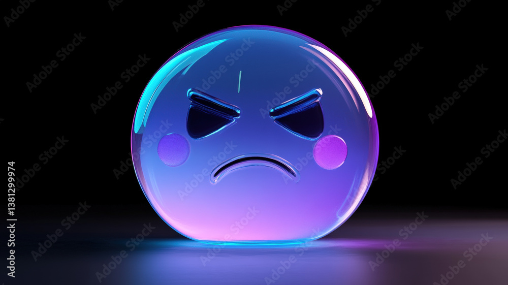 Glowing Angry Face Sphere Lamp with Blue Light on Wooden Table in Modern Interior