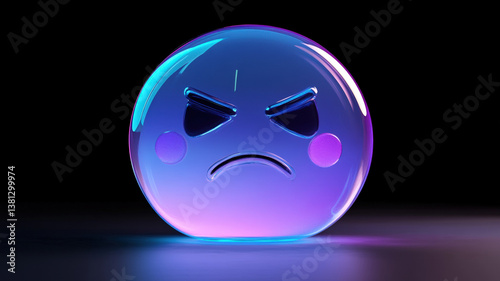 Obraz na płótnie Glowing Angry Face Sphere Lamp with Blue Light on Wooden Table in Modern Interior w salonie