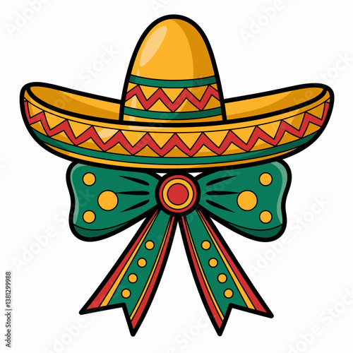 sombrero is adorned with traditional patterns in yellow, red, and green, sitting above a decorative bow with matching colors and circular accents
