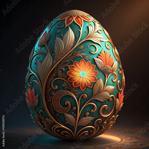 Intricate Floral Easter Egg: Vibrant Orange, Gold & Green Illumination on Dark Backdrop