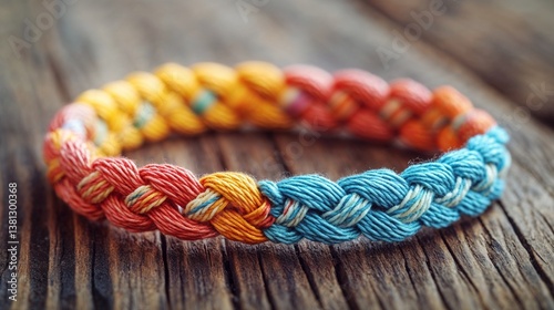 Colorful braided bracelet, vibrant hues, fashion accessory on wooden surface