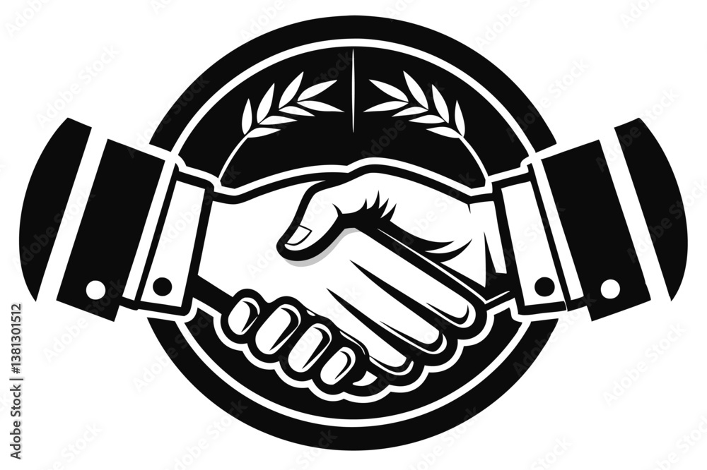 Handshake Icon with Olive Branch in Black and White Round Border, Elegant Look Handshake Icon with Olive Branch in Black and White Round Border, Elegant Look