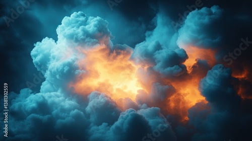 Fiery, dramatic cloudscape, ominous sky, powerful storm