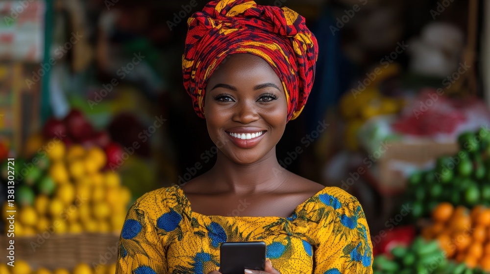 Fototapeta premium Vibrant Portrait of a Smiling Woman in Traditional Attire with Smartphone at a Colorful Local Market Full of Fresh Produce