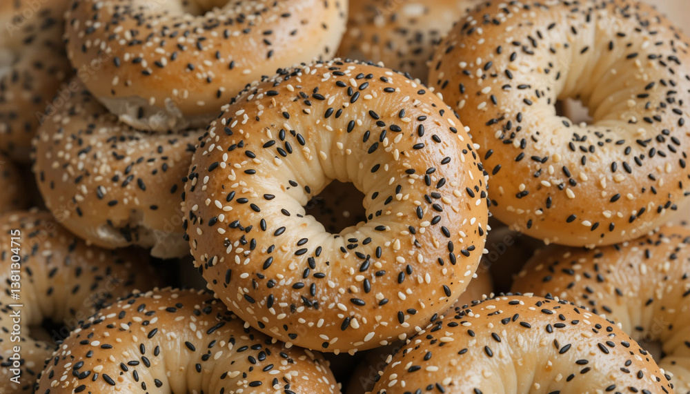 Sesame Seed Bagels: A tempting pile of freshly baked bagels sprinkled with sesame seeds, presented in a mouthwatering close-up shot, ready to satisfy your cravings. Sesame Seed Bagels: A tempting pile of freshly baked bagels sprinkled with sesame seeds, presented in a mouthwatering close-up shot, ready to satisfy your cravings.