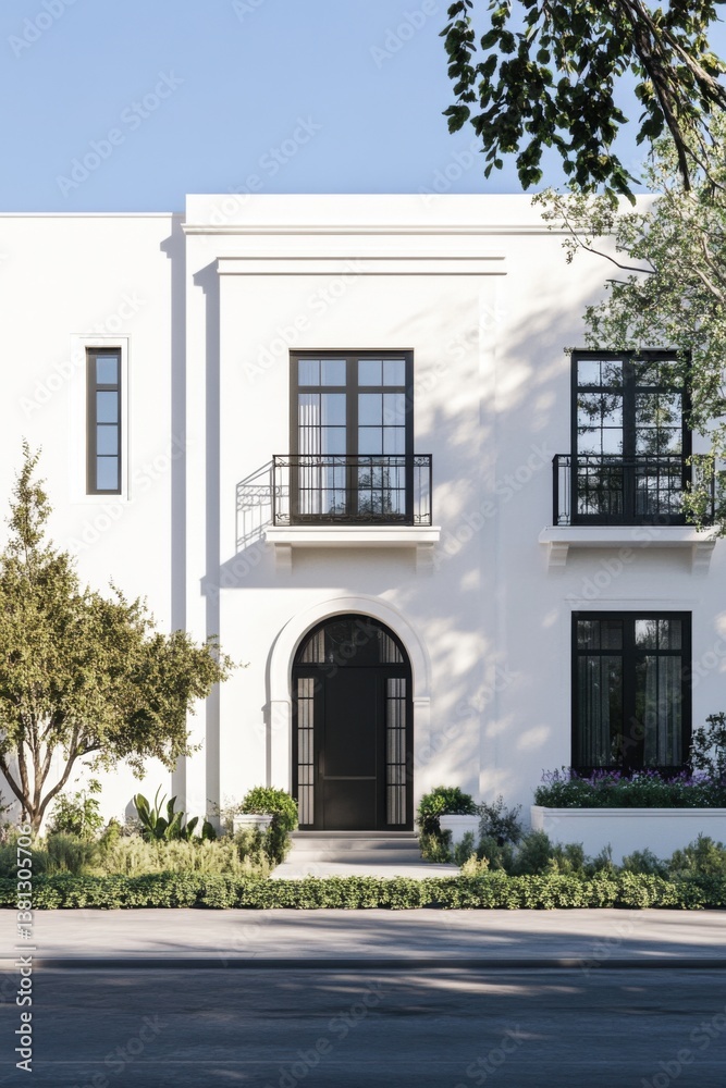 Modern architectural design of a stylish white house with a balcony and lush landscaping in a serene neighborhood during bright daylight Modern architectural design of a stylish white house with a balcony and lush landscaping in a serene neighborhood during bright daylight