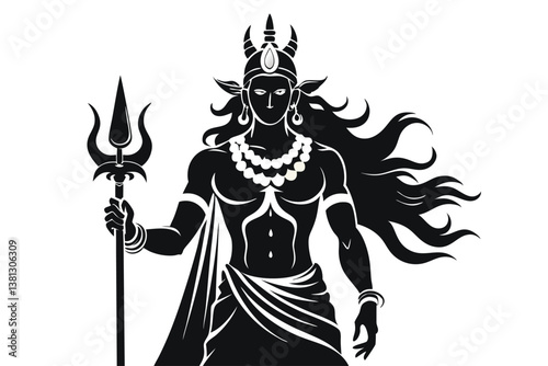 Shiva Silhouette with Trident, Horned Crown, and Beaded Necklace 