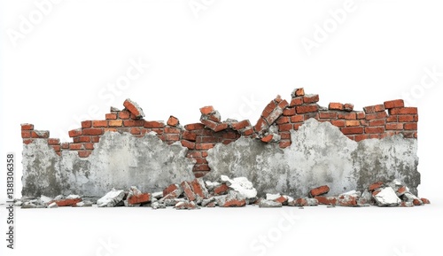 Crumbling brick wall.  Sections of broken red brick and mortar.  Damage, destruction, and ruin