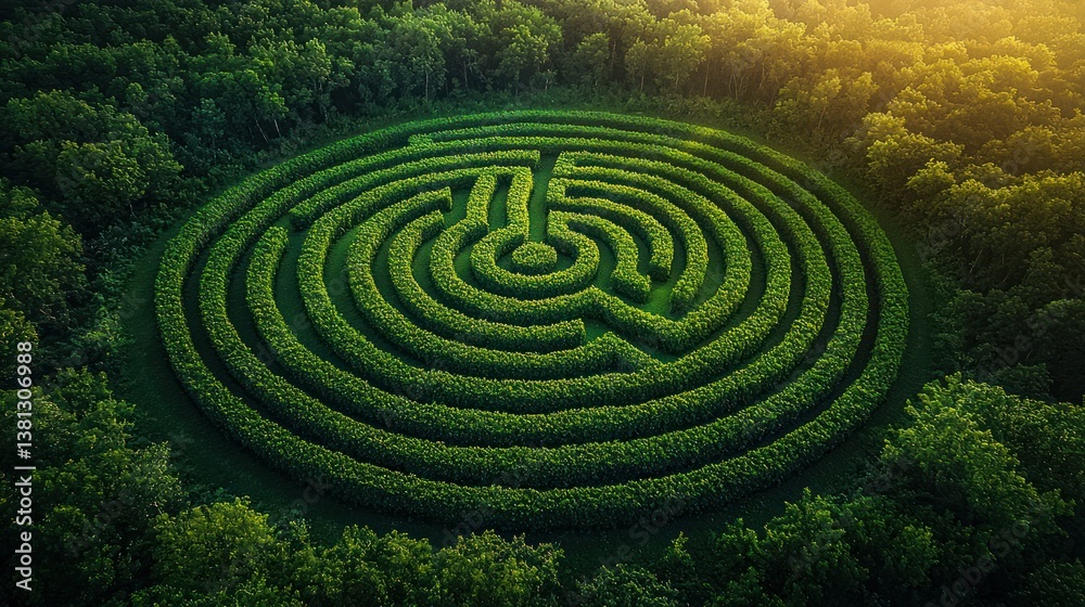 Lush green circular maze amidst a forest. Aerial view of a precisely designed hedge maze Lush green circular maze amidst a forest. Aerial view of a precisely designed hedge maze