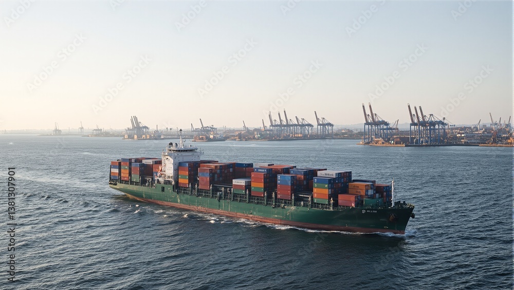 Obraz premium Vibrant cargo ship in bustling port with industrial cranes busy docks and clear morning sky Perfect for transportation concepts