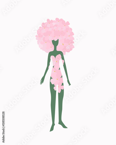 Silhouette of a young girl decorated with flowers, hairstyle of flowers on a white background. Vector illustration. A flower in the form of a female silhouette with an inflorescence instead of a