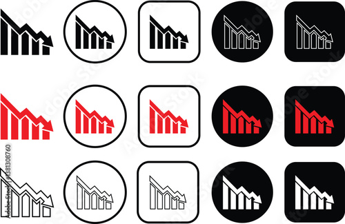 Decreasing graph icon in flat and line set. Arrow going down sign symbol isolated on transparent background