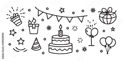 Hand drawing Happy birthday party elements vector