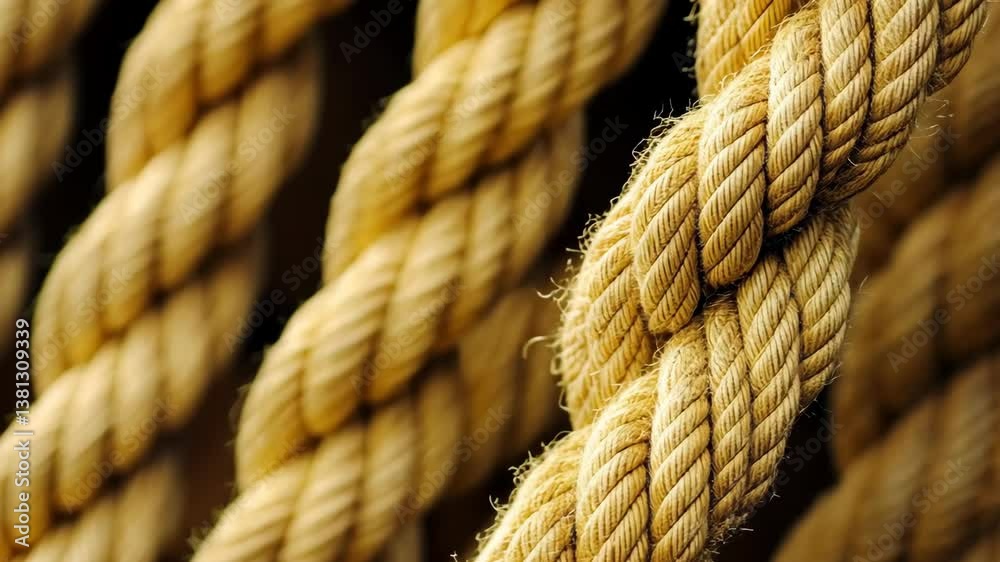 Close-up view of twisted natural fiber rope hanging outdoors in natural light highlighting texture and detail