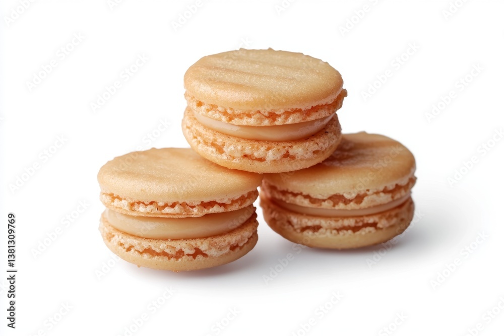 Three light beige macarons stacked, showcasing a smooth, caramel-colored filling. Delicate, small cookies with a delicate texture, perfect for an afternoon treat Three light beige macarons stacked, showcasing a smooth, caramel-colored filling. Delicate, small cookies with a delicate texture, perfect for an afternoon treat